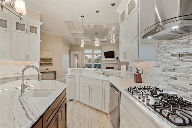 6701 Paddington Dr, Corpus Christi, TX 78414 - kitchen featuring wall chimney exhaust hood, crown molding, a sink, and stainless steel appliances