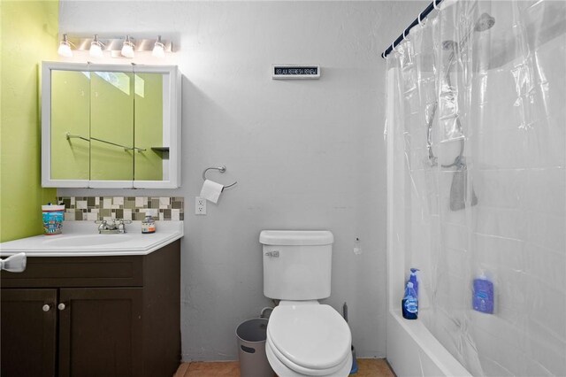 full bathroom with vanity, toilet, backsplash, and shower / bathtub combination with curtain