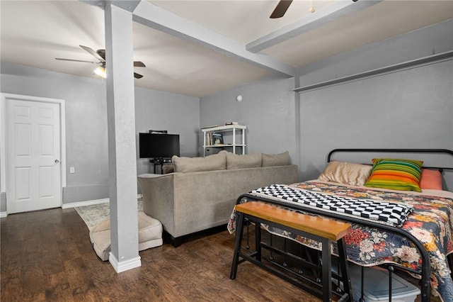 bedroom featuring ceiling fan, baseboards, beam ceiling, and dark wood-type flooring