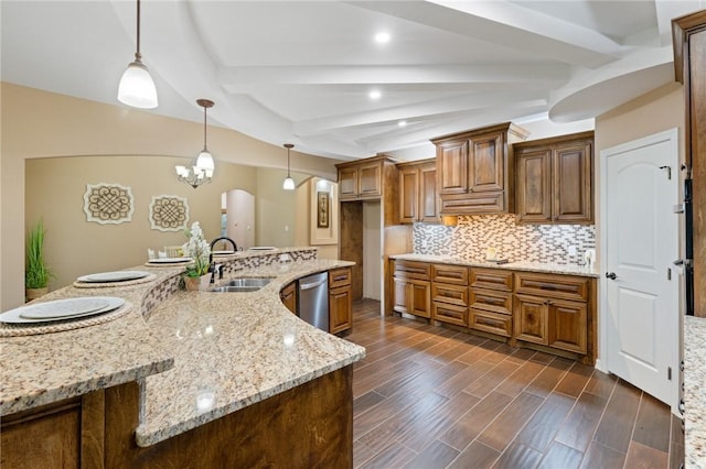 kitchen with stainless steel dishwasher, a sink, arched walkways, beam ceiling, and tasteful backsplash