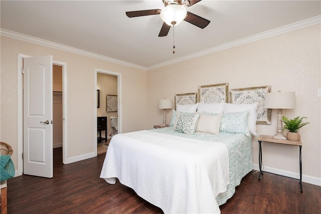 bedroom featuring ornamental molding, ceiling fan, baseboards, and wood finished floors