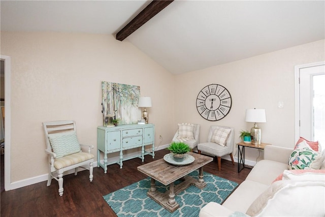 living area featuring lofted ceiling with beams, baseboards, and wood finished floors