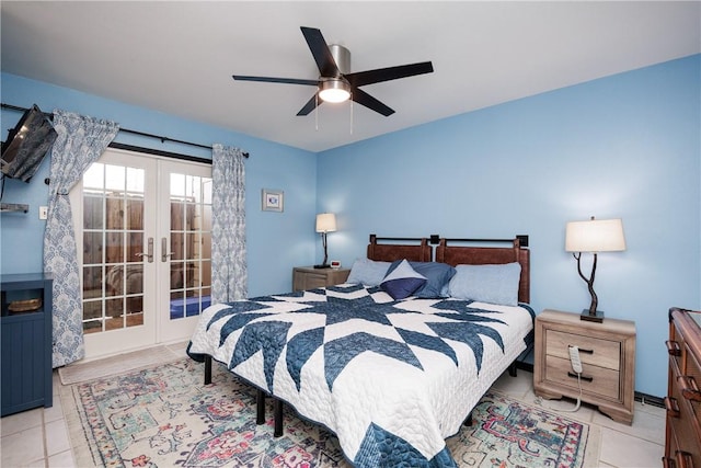 bedroom featuring french doors, ceiling fan, and tile patterned flooring