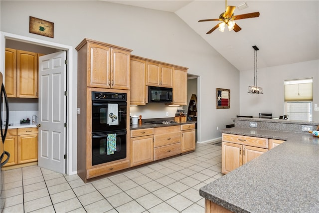 kitchen featuring black appliances, ceiling fan with notable chandelier, light tile patterned floors, decorative light fixtures, and high vaulted ceiling