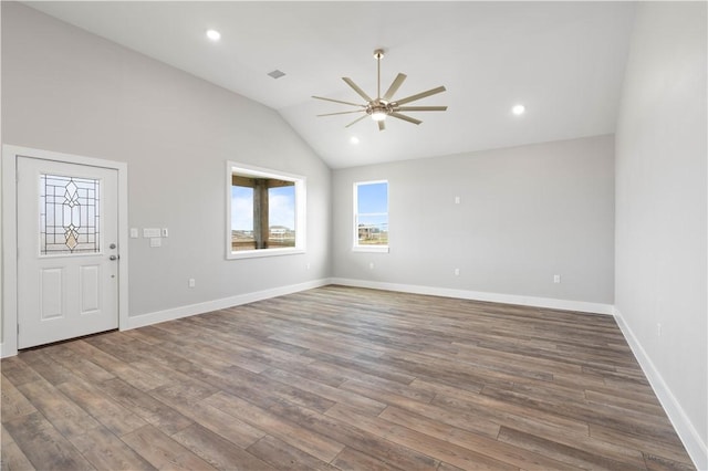 entryway featuring hardwood / wood-style floors, ceiling fan, and lofted ceiling