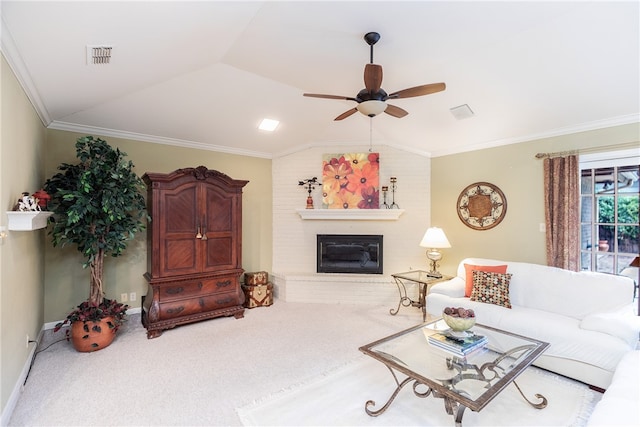 living room with vaulted ceiling and crown molding