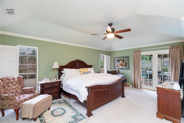 carpeted bedroom featuring ornamental molding, access to outside, multiple windows, and ceiling fan