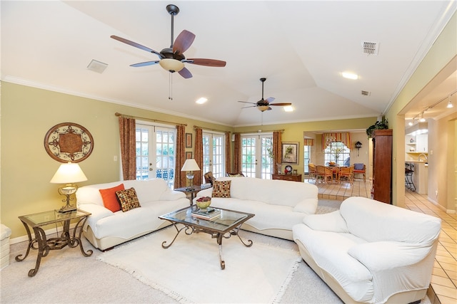 living room with french doors and ornamental molding