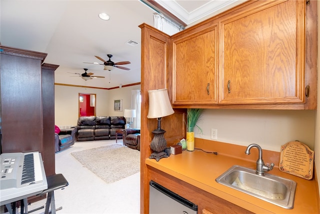 kitchen with ceiling fan, sink, crown molding, and carpet