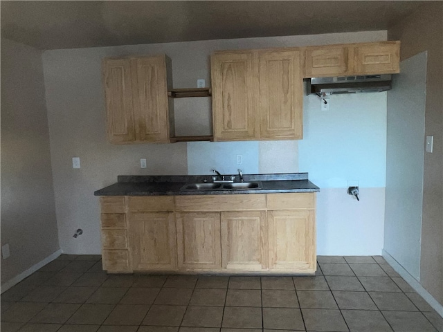 kitchen featuring light brown cabinets, sink, tile patterned floors, and exhaust hood