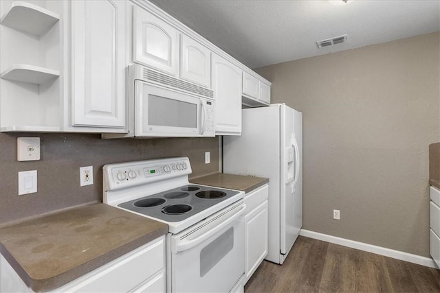 2718 Wind Rock Dr, Corpus Christi, TX 78410 - kitchen with white appliances, dark wood-type flooring, white cabinets, baseboards, and open shelves