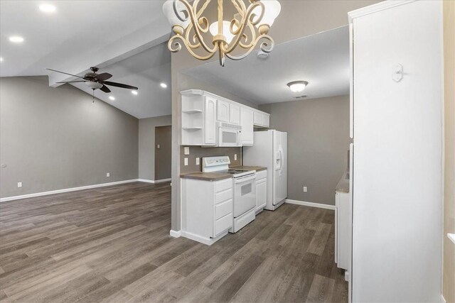 2718 Wind Rock Dr, Corpus Christi, TX 78410 - kitchen featuring white appliances, open shelves, ceiling fan, white cabinetry, and baseboards