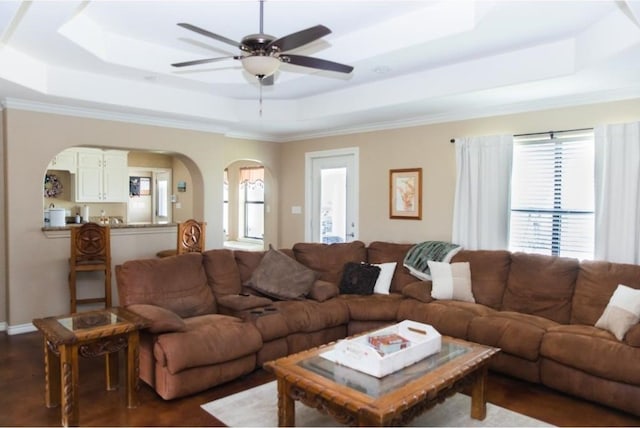 living room featuring ceiling fan, plenty of natural light, and a tray ceiling