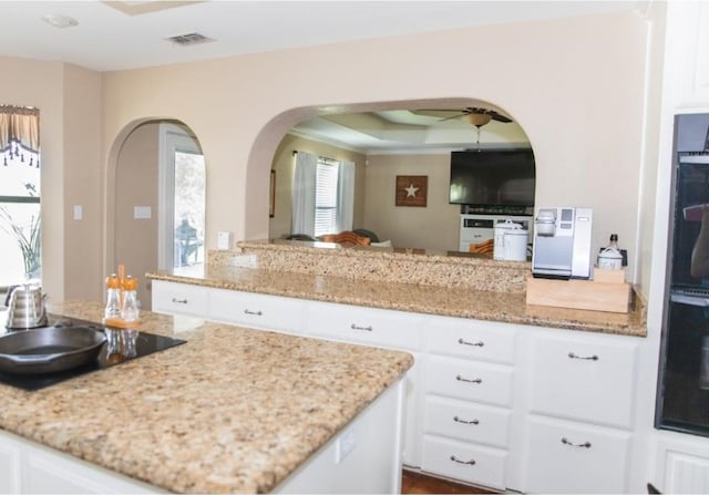 kitchen with ceiling fan, white cabinetry, and plenty of natural light