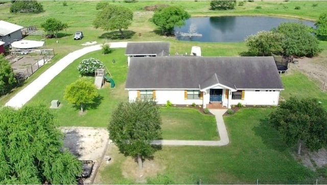 drone / aerial view featuring a water view