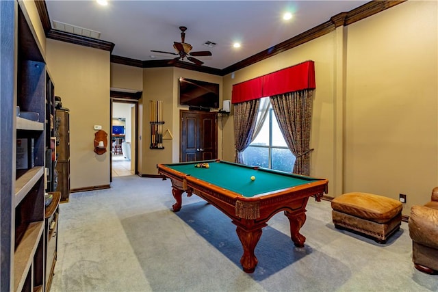 7906 Valtourmanche Dr, Corpus Christi, TX 78414 - rec room with carpet flooring, ceiling fan, billiards, crown molding, and baseboards