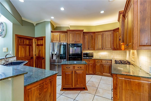7906 Valtourmanche Dr, Corpus Christi, TX 78414 - kitchen with stainless steel appliances, a sink, brown cabinetry, ornamental molding, and decorative backsplash
