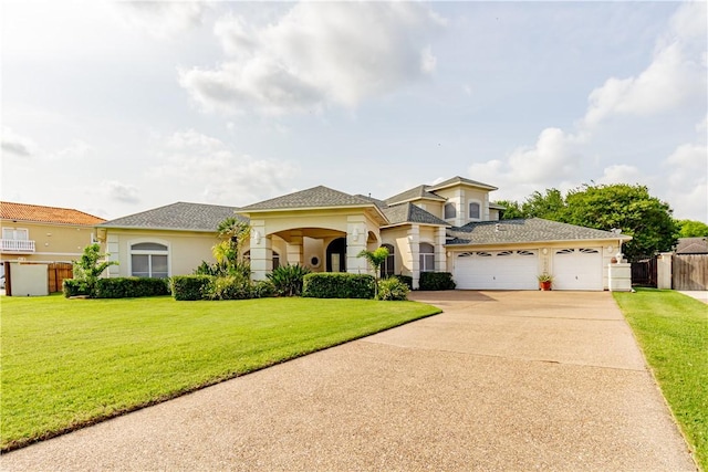 7906 Valtourmanche Dr, Corpus Christi, TX 78414 - mediterranean / spanish home with an attached garage, concrete driveway, stucco siding, and a shingled roof