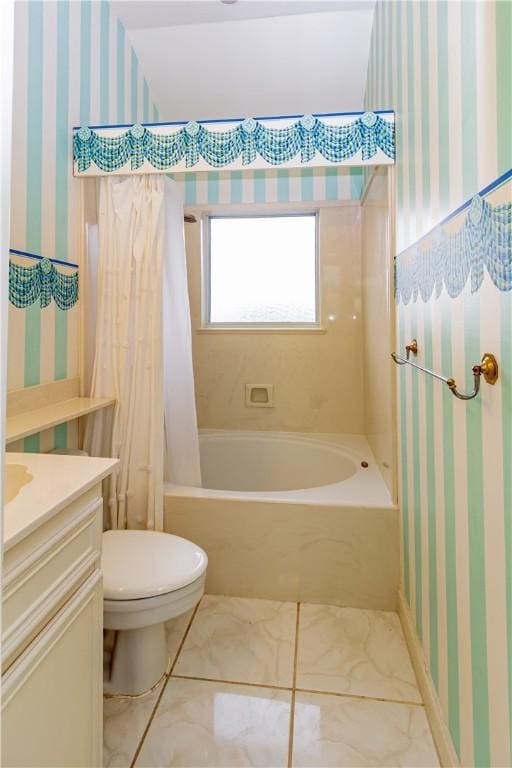 7906 Valtourmanche Dr, Corpus Christi, TX 78414 - bathroom featuring wallpapered walls, toilet, vanity, and shower / bath combination with curtain