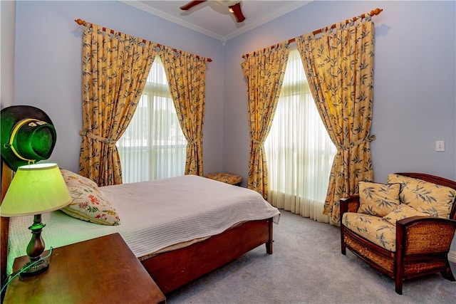 7906 Valtourmanche Dr, Corpus Christi, TX 78414 - carpeted bedroom with multiple windows, ornamental molding, and ceiling fan