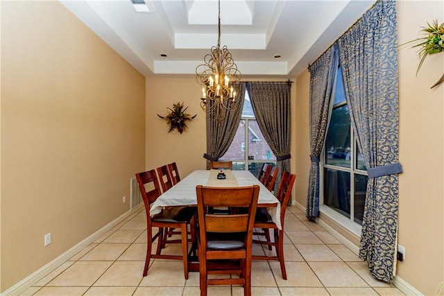 7906 Valtourmanche Dr, Corpus Christi, TX 78414 - dining area featuring a chandelier, a raised ceiling, light tile patterned floors, and baseboards