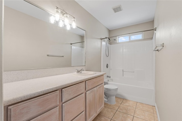 full bathroom featuring toilet, vanity, tile patterned flooring, and shower / bathtub combination