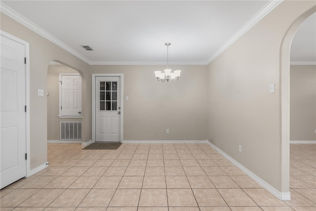 interior space with a chandelier, light tile patterned floors, and crown molding