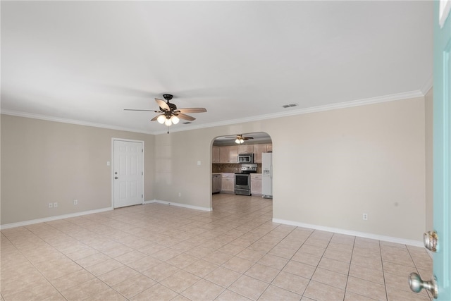 unfurnished living room featuring ceiling fan, light tile patterned floors, and ornamental molding