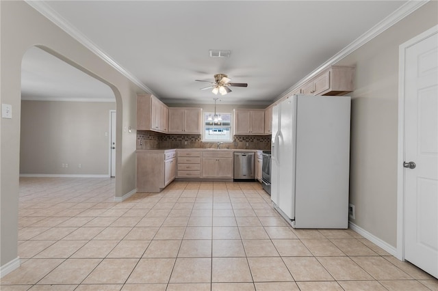 kitchen with light tile patterned floors, white refrigerator with ice dispenser, stainless steel dishwasher, backsplash, and light brown cabinets