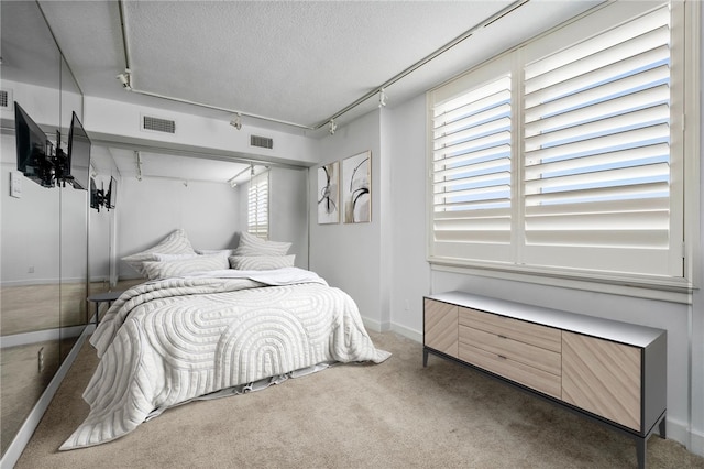 carpeted bedroom with multiple windows and a textured ceiling