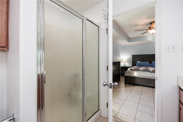 bathroom featuring vanity, ceiling fan, tile patterned floors, and an enclosed shower