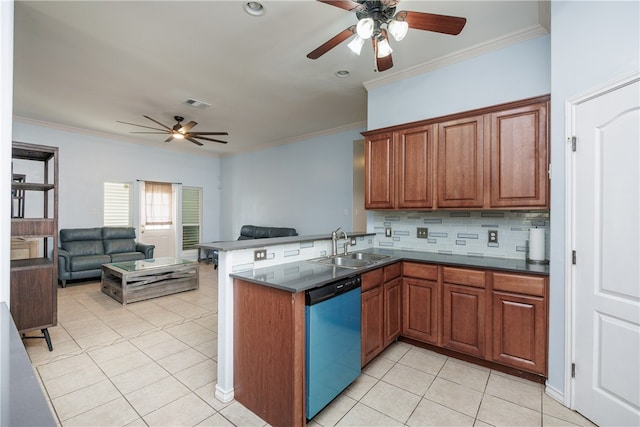 kitchen with crown molding, light tile patterned floors, sink, dishwasher, and kitchen peninsula