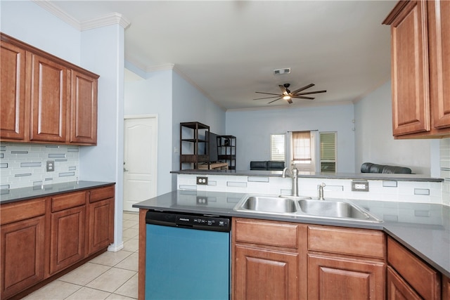 kitchen featuring light tile patterned flooring, sink, tasteful backsplash, ornamental molding, and stainless steel dishwasher