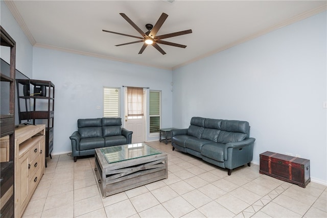 living room with ceiling fan, light tile patterned floors, and ornamental molding