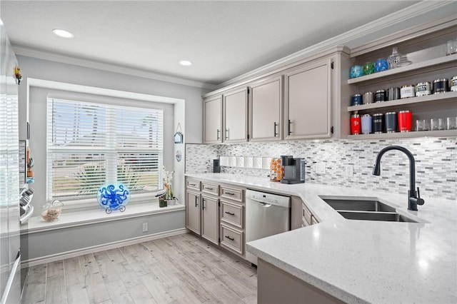 kitchen featuring a sink, crown molding, tasteful backsplash, and dishwasher