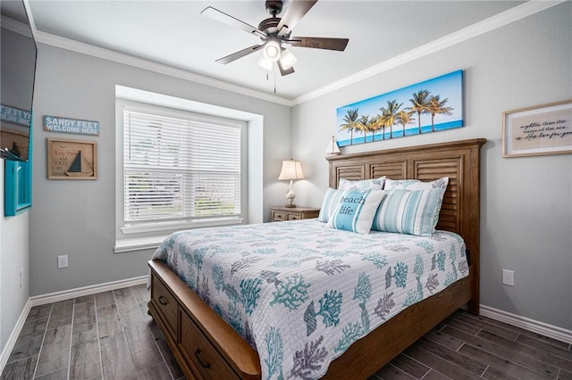 bedroom featuring ceiling fan, baseboards, ornamental molding, and wood finished floors