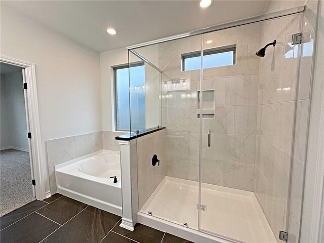 9505 Spanish Oak Dr, Corpus Christi, TX 78410 - full bathroom with a bath, a stall shower, recessed lighting, and marble finish flooring