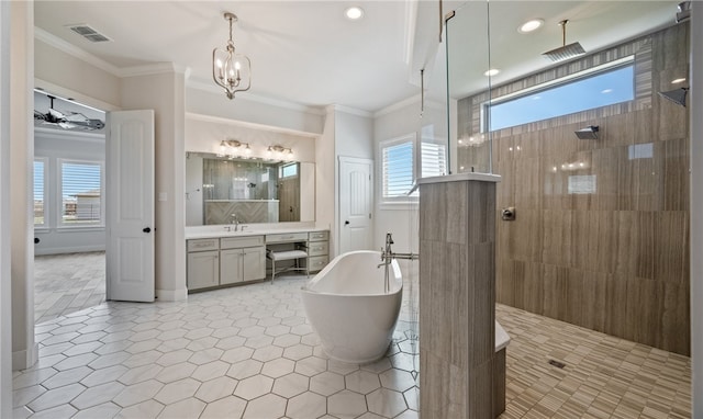 full bathroom featuring vanity, visible vents, a soaking tub, ornamental molding, and walk in shower