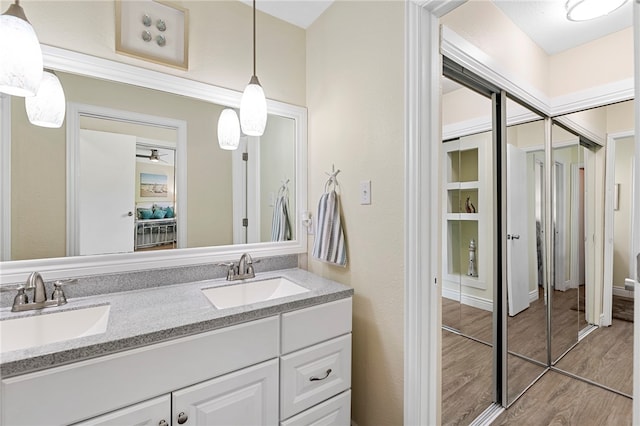 bathroom with vanity and hardwood / wood-style flooring