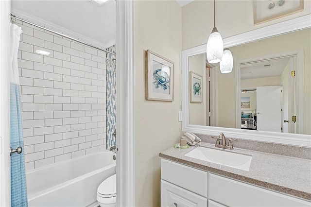 full bathroom with toilet, shower / tub combo, vanity, and crown molding