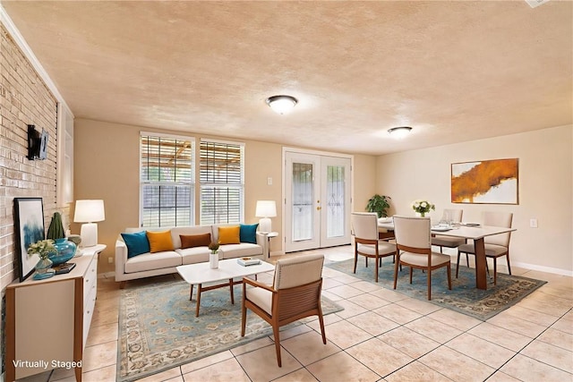 5905 Norvel Dr, Corpus Christi, TX 78412 - living room with light tile patterned floors, a fireplace, brick wall, french doors, and a textured ceiling
