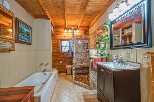 bathroom featuring tile patterned flooring, vanity, wood ceiling, wooden walls, and separate shower and tub