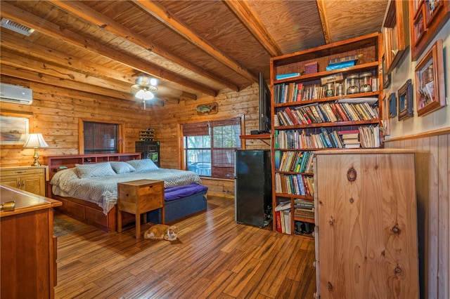 bedroom with wood walls, a wall mounted air conditioner, hardwood / wood-style flooring, beamed ceiling, and wooden ceiling