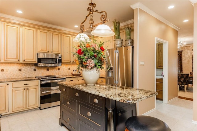 7001 Bevington Dr, Corpus Christi, TX 78413 - kitchen featuring stainless steel appliances, backsplash, light stone countertops, crown molding, and decorative light fixtures