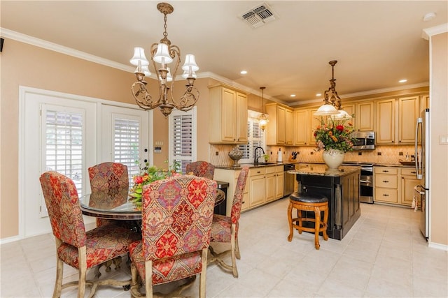 7001 Bevington Dr, Corpus Christi, TX 78413 - dining space with a chandelier, crown molding, recessed lighting, and baseboards