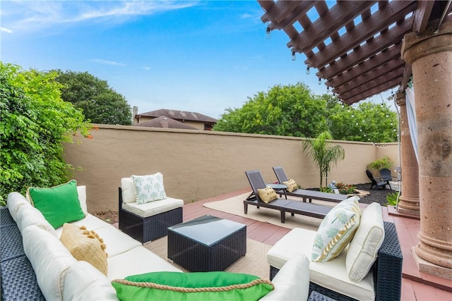7001 Bevington Dr, Corpus Christi, TX 78413 - view of patio / terrace featuring outdoor lounge area, a pergola, and fence