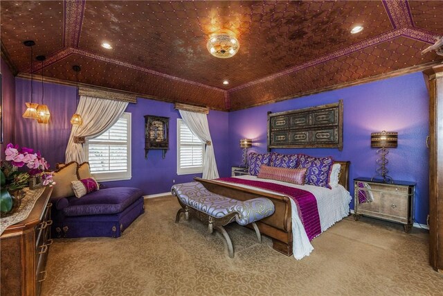 7001 Bevington Dr, Corpus Christi, TX 78413 - carpeted bedroom with a tray ceiling, baseboards, and ornamental molding