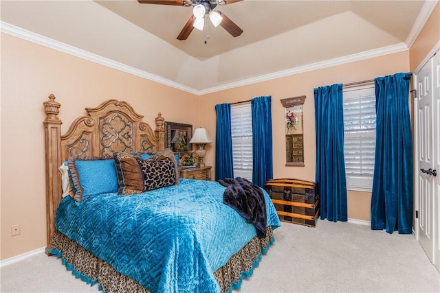 7001 Bevington Dr, Corpus Christi, TX 78413 - bedroom featuring carpet flooring, ornamental molding, a raised ceiling, a ceiling fan, and baseboards