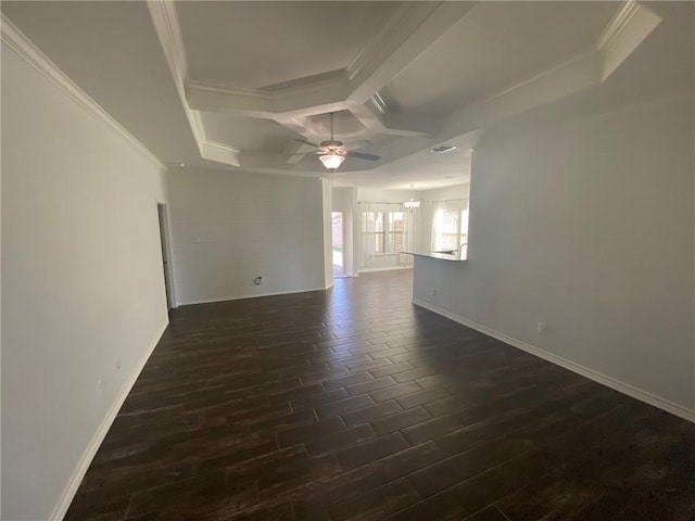 7618 Sable Creek Dr, Corpus Christi, TX 78414 - unfurnished living room with coffered ceiling, a ceiling fan, ornamental molding, baseboards, and dark wood-style flooring