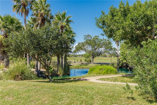 view of property's community featuring a lawn and a water view